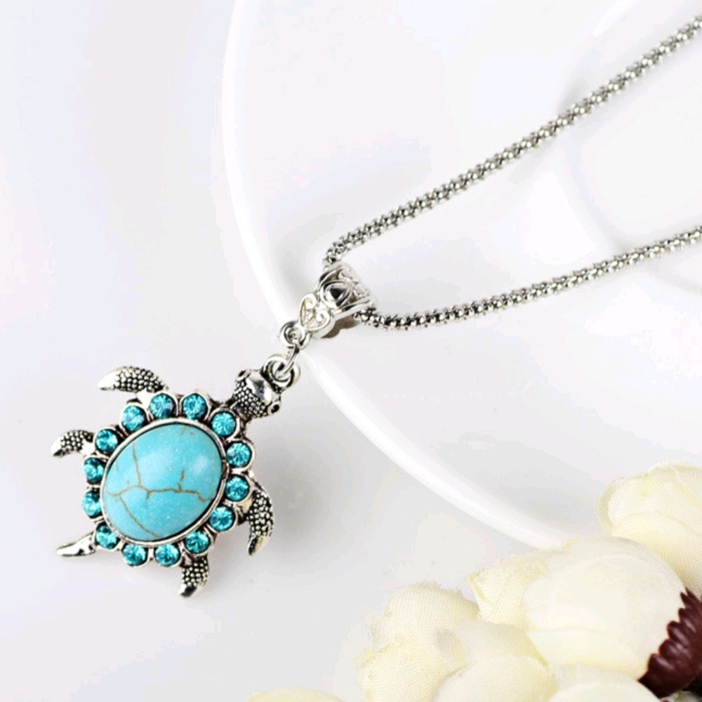 NWT Turquoise Sea Turtle Necklace & Dangle Earring Set - Boho - Silver - Picture 2 of 9